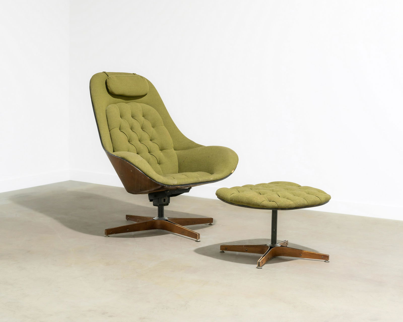 George Mulhauser - Chair & Ottoman: A George Mulhauser chair and ottoman by Plycraft. 37.5 x 35 x 55. All measurements are in inches.