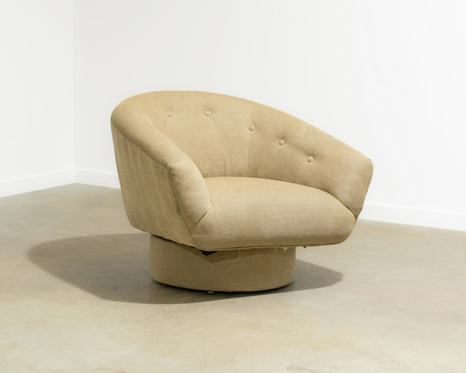 Oversized Swivel Chair: A vintage, oversized swivel chair on pedestal base. Heavy and of good quality. In the manner of Harvey Probber and Milo Baughman. 31 x 36 x 34 Height x Width x Depth (Inches)