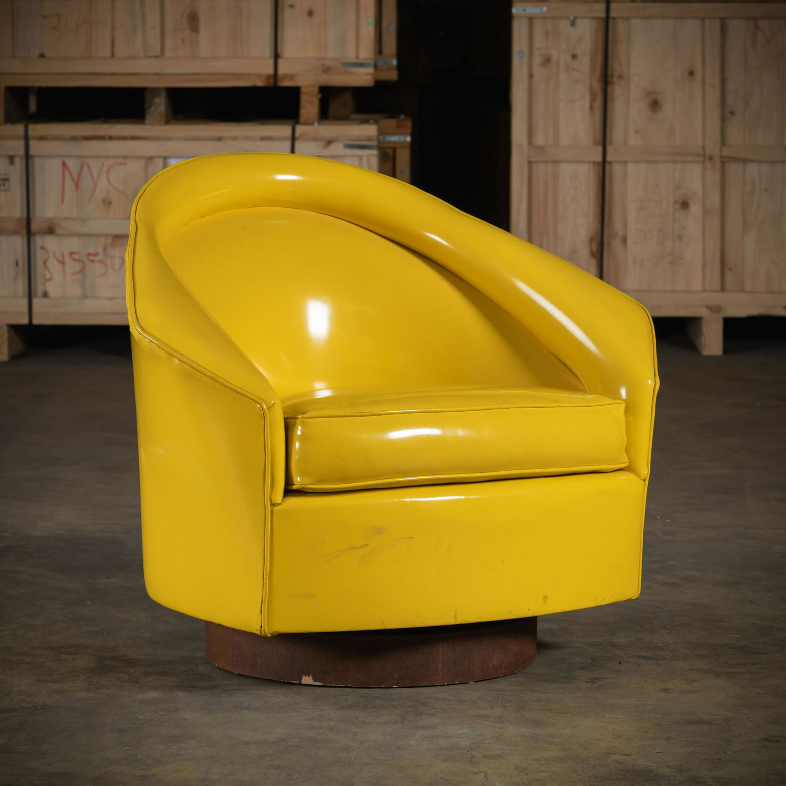 Adrian Pearsall - Tilt & Swivel Lounge Chair: A tilt and swivel lounge chair by Adrian Pearsall in original yellow vinyl. 30.5 x 36 x 24 Height x Width x Depth (Inches)