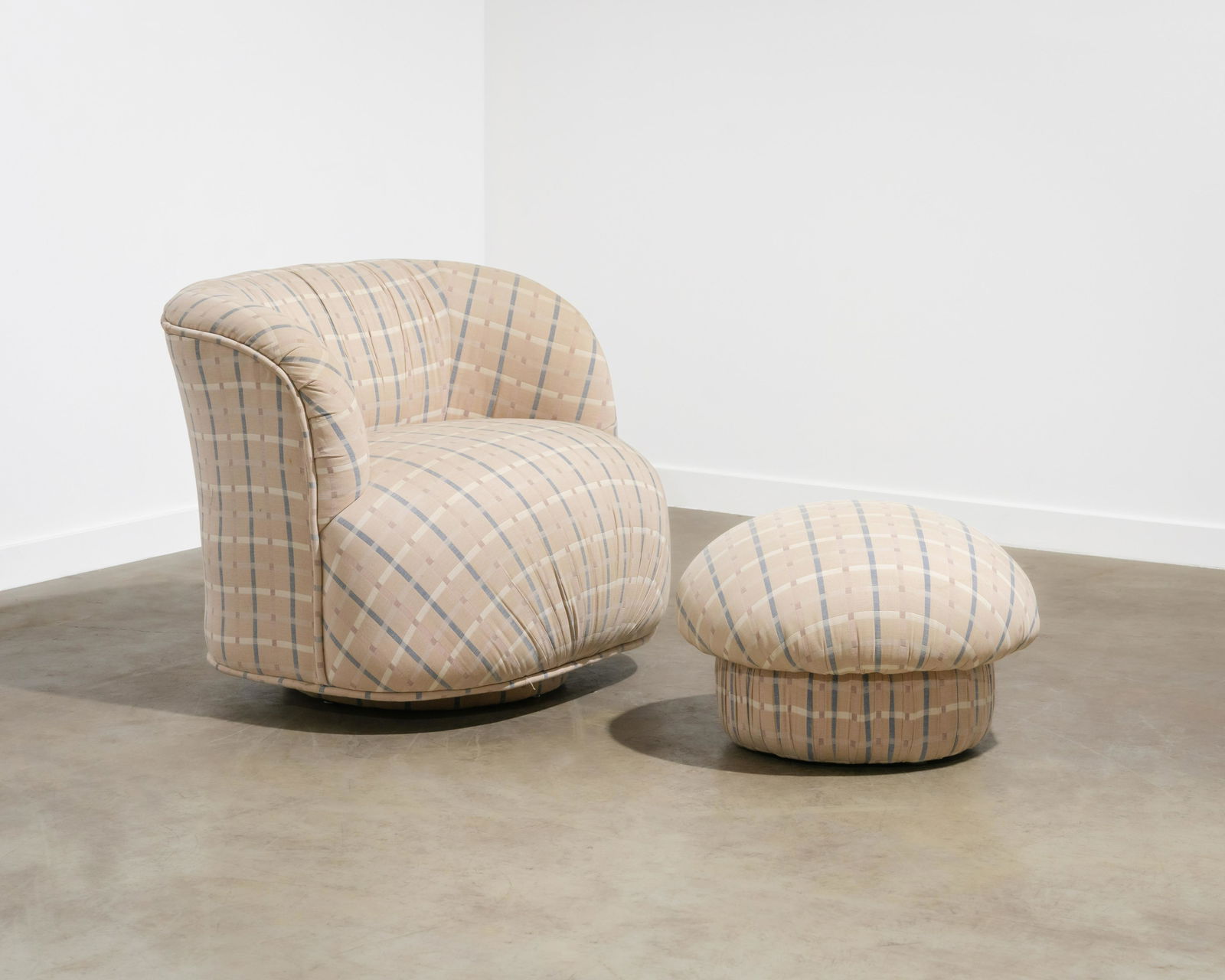 Milo Baughman - Swivel Chair and Ottoman: A poof style swivel chair with matching poof ottoman by Milo Baughman for Thayer Coggin. Dimensions : 29 x 36 x 36. All measurements are in inches.