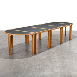 Thygesen & Sorensen - Modular Conference Table: A five piece modular conference/dining table by Rud Thygesen and Johnny Sorensen for Magnus Olesen, Denmark. Label on underside. Each center section is 35.5" wide and each demilune section is 23.5" wi