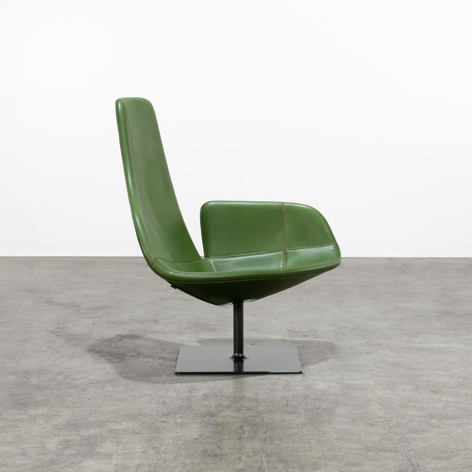 Patricia Urquiola - Fjord Chair: A custom Fjord chair by Patricia Urquiola for Moroso in Green leather with red stitching and gun metal steel base. 41 x 37 x 22 . All measurements are in inches.