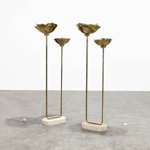 Tommaso Barbi - Floor Lamps: Two large brass, floral form floor lamps with travertine bases. 69 x 18 x16 . All measurements are in inches.