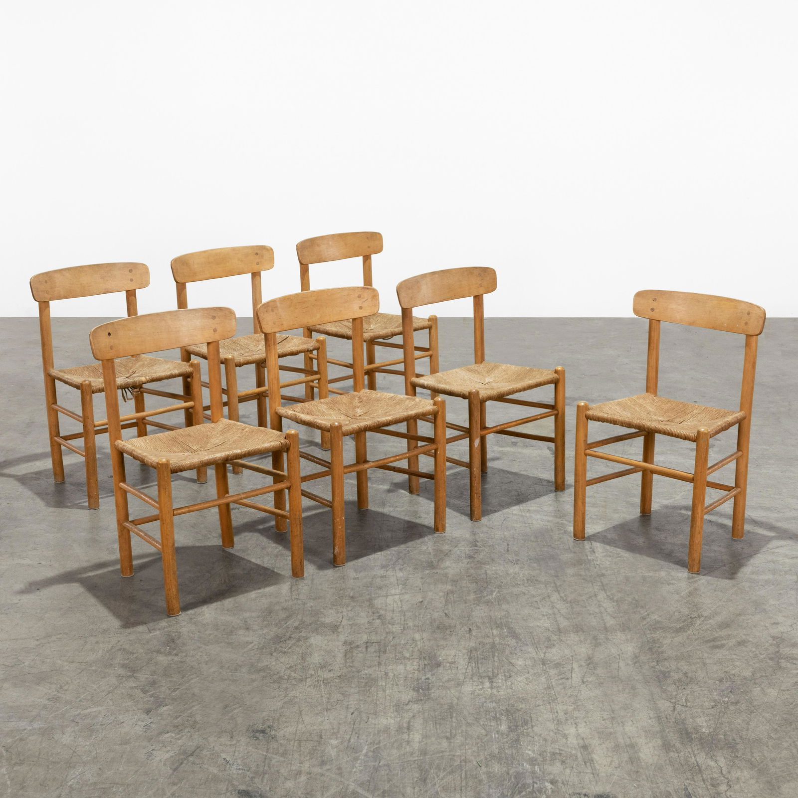 Borge Mogensen - J39 Chairs: A set of seven J39 chairs by Borge Mogensen. 31.5 x 19.5 x 16 . All measurements are in inches.