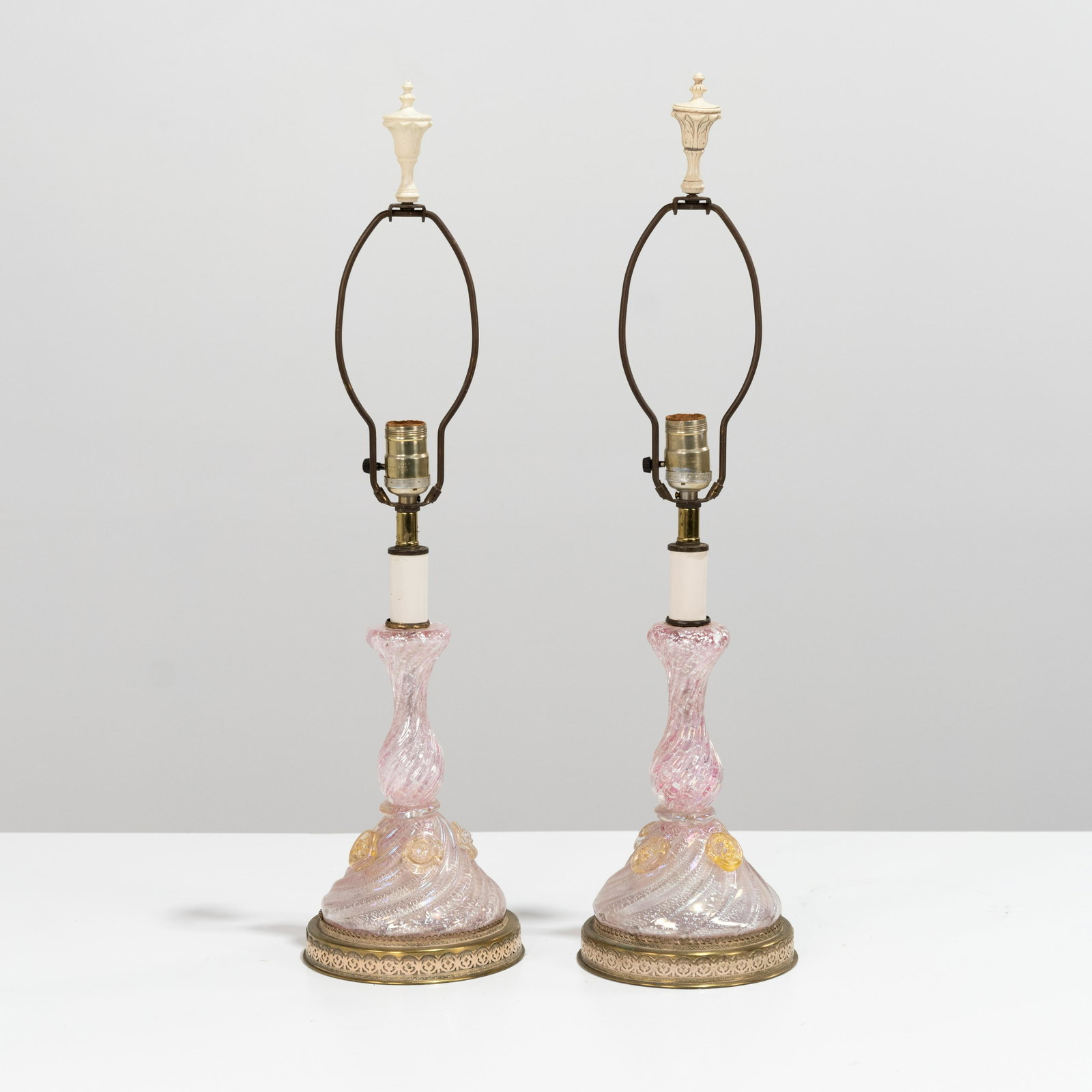 Murano Lamps: A pair of petite pink Murano lamps. 24 x 7