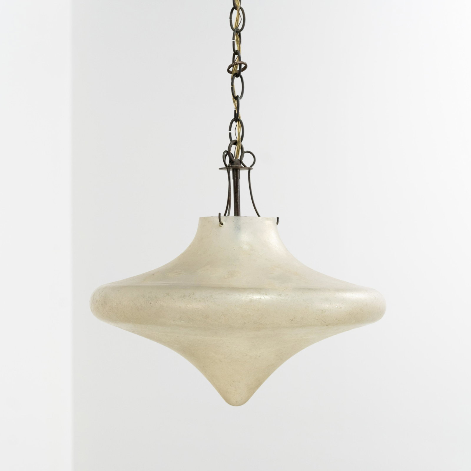 Italian Glass Pendant Fixture: A vintage Italian "corroso" glass pendant fixture. Glass fixture - 11 x 17.5. Drop - 23.