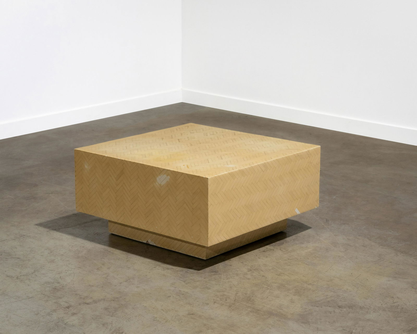 Enrique Garcel (Attr.) - Tessellated Bone Table: A tessellated bone coffee table attributed to Enrique Garcel. Stamped "Made in Columbia" on underside. 15 x 30.5 x 30.5