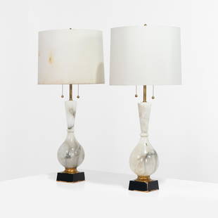 Marbro Lamp Co. - Impressive Alabaster Lamps: A pair of large and impressive solid alabaster lamps by Marbro Lamp Company. Label on lamp. 44 x 8 Measurements are in inches. (Height x Width x Depth)