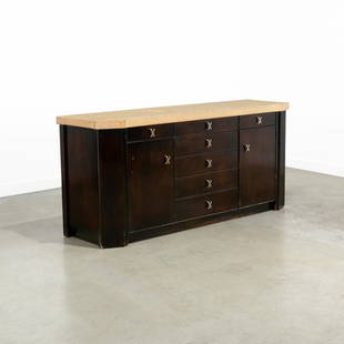 Paul Frankl - Credenza: A cork top credenza by Paul Frankl for Johnson Furniture. 32.5 x 72 x 20. Measurements are in inches. (Height x Width x Depth)