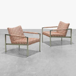 Chrome Lounge Chairs: A pair of vintage chrome lounge chairs in the manner of Martin Visser. 26.5 x 25 x 29. Measurements are in inches. (Height x Width x Depth)