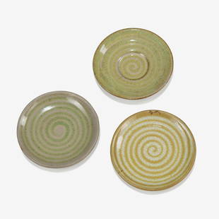 Lee Rosen - Stoneware Dishes: Three glazed stoneware dishes with a spiral glaze design, by Lee Rosen for Design-Technics. One stamped on bottom. 6" diameter . Measurements are in inches. (Height x Width x Depth)