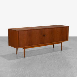 Peter Lovig Nielsen - Teak Credenza: A teak credenza with tambour doors by Peter Lovig-Nielsen 32 x 79 x 20 . Measurements are in inches. (Height x Width x Depth)