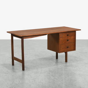 Richard Artschwager - Walnut Desk: A vintage walnut desk with offset chest of drawers by Richard Artschwager. 29 x 60 x 24.5 . Measurements are in inches. (Height x Width x Depth)