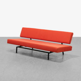 Martin Visser - Sleeper Bench: A vintage 'Sleeper Bench' by Martin Visser for Spectrum. Seat pulls out to convert to a daybed. Newly upholstered. 27 x 75 x 30 . Measurements are in inches. (Height x Width x Depth)