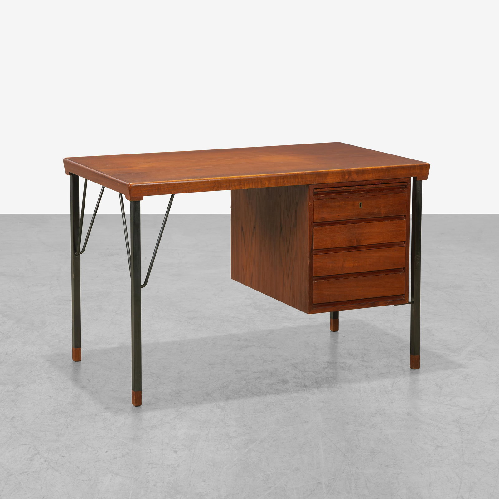 Hvidt & Molgaard-Nielsen - Desk: A teak and metal writing by Orla Molgaard-Nielsen and Peter Hvidt for Soborg Mobelfabrik, Denmark. 28.5 x 43.5 x 25.5 . Measurements are in inches. (Height x Width x Depth)