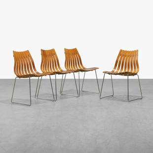 Hans Brattrud - Scandia Dining Chairs: A set of four 'Scandia' chairs by Hans Brattrud for Hove Mobler, Norway, in teak. 31.5 x 19 x 20 . Measurements are in inches. (Height x Width x Depth)