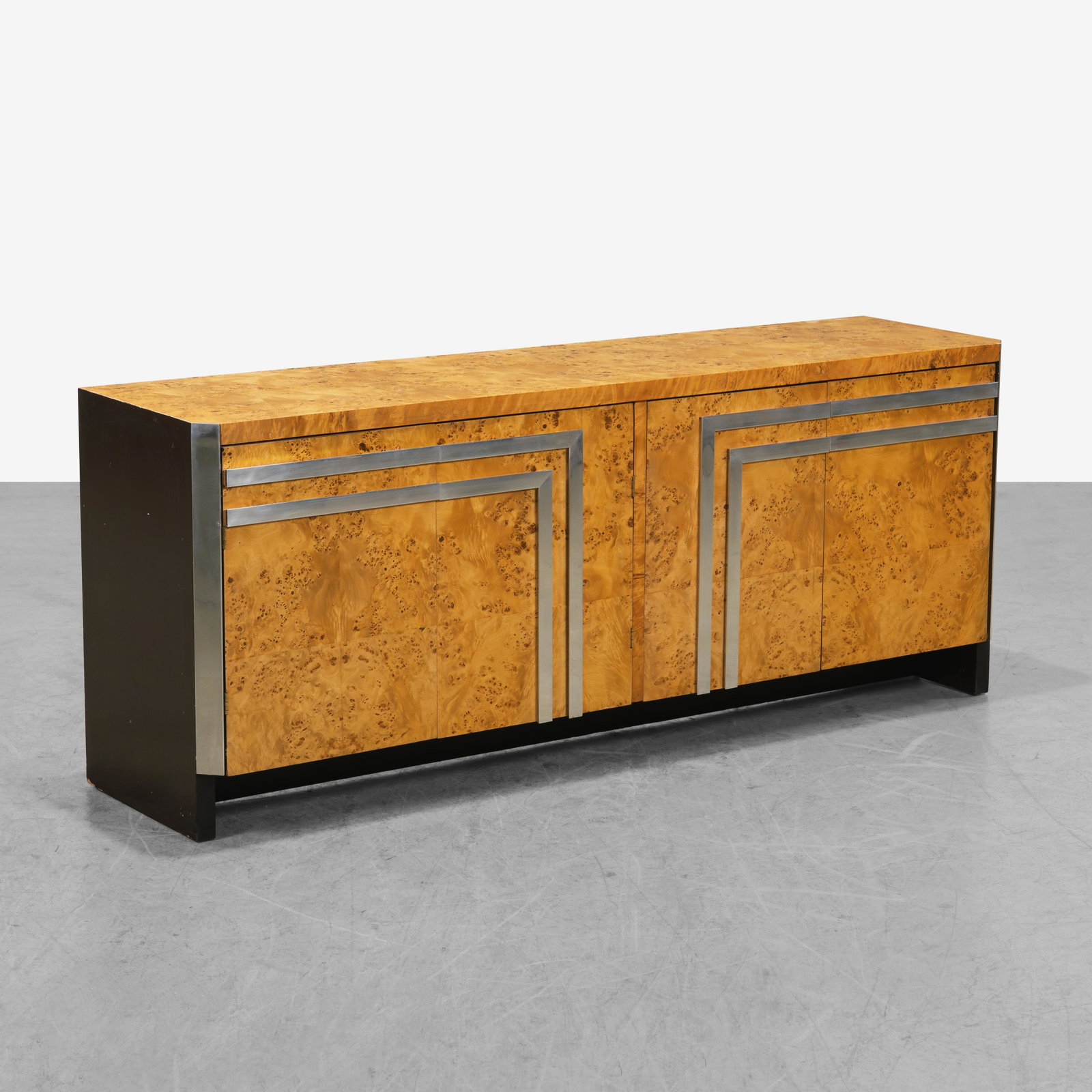 Burl Credenza: A vintage burl credenza with stainless accents. 30 x 75 x 19 . Measurements are in inches. (Height x Width x Depth)