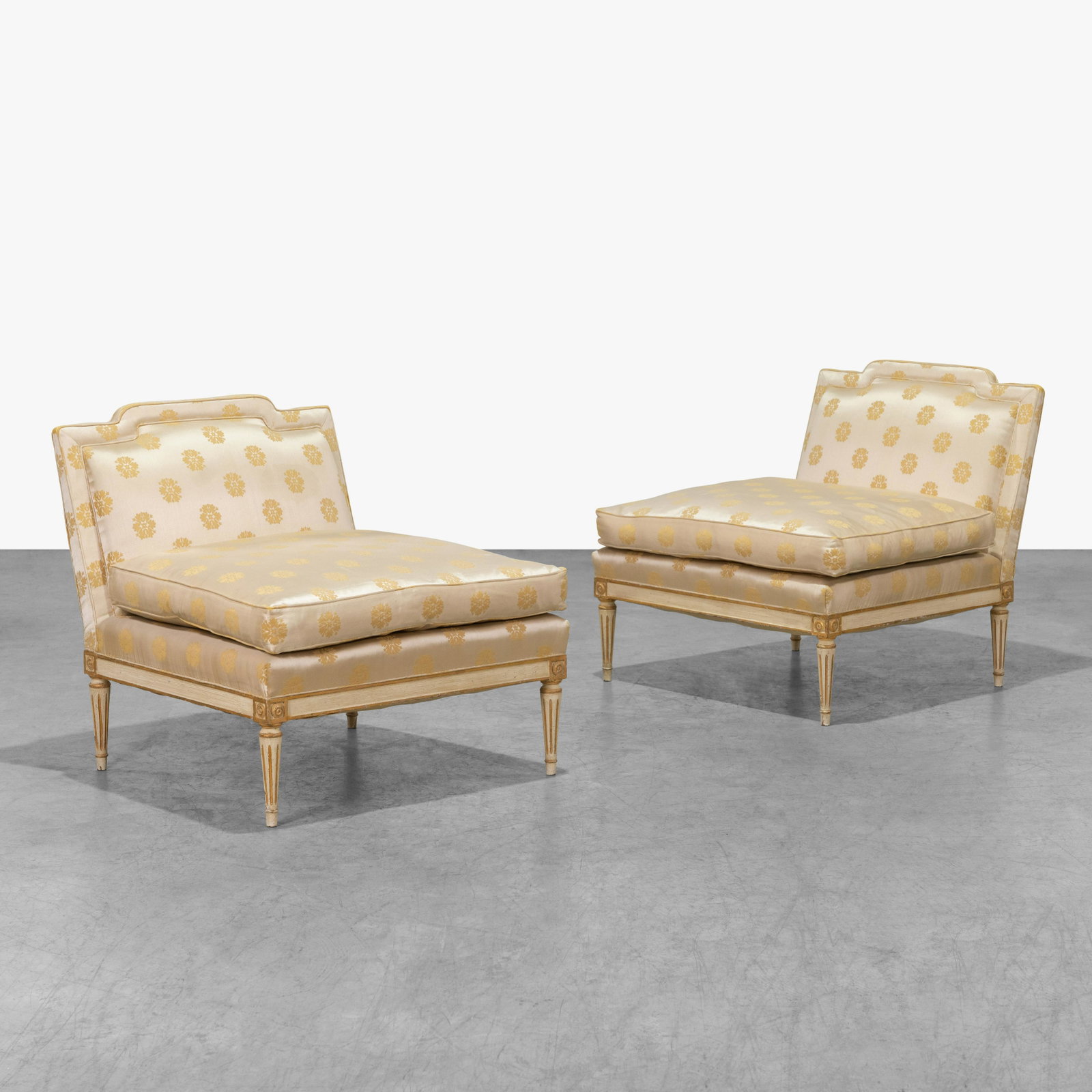 Louis XVI Style - Slipper Chairs: A pair of gilt wood, Louis XVI style slipper chairs. 29 x 32 x 28. Measurements are in inches. (Height x Width x Depth)