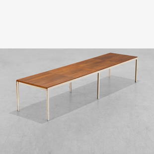 Florence Knoll - T Angle Bench: A walnut and steel 'T-Angle' bench by Florence Knoll. 16 x 80.5 x 20.5. Measurements are in inches. (Height x Width x Depth)