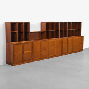 Christian Hvidt - Teak Cabinets: A ten piece teak cabinet system by Christian Hvidt for Soborg Mobekfabrik, Denmark. 63 x 177.5 x 19. Measurements are in inches. (Height x Width x Depth)