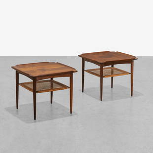 Poul Jensen - Side Tables: A pair of teak side tables with woven cane shelves by Poul Jensen for Selig, Denmark. 20.5 x 24 x 24. Measurements are in inches. (Height x Width x Depth)