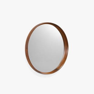 Uno & Osten Kristiansson - Mirror: A teak mirror by Uno and Osten Kristiansson for Luxus Vittsjo, Sweden. Label on back. 28" diameter. Measurements are in inches. (Height x Width x Depth)