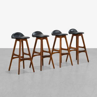 Erik Buch - Bar Stools: A set of four teak bar stools by Erik Buch for O. D. Mobler. Labels on underside. 33 x 15.5 x 17.5. Measurements are in inches. (Height x Width x Depth)