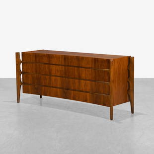 William Hinn - Dresser: A sculptural walnut dresser by William Hinn. Stamped on back. 34 x 78 x 24. Measurements are in inches. (Height x Width x Depth)