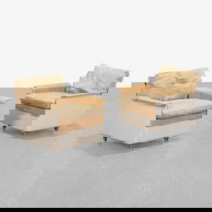 Dieter Rams - Lounge Chairs: A pair of fiberglass and leather 'FG2001' lounge chairs by Dieter Rams for Wolfgang Feierbach. Stamped on cushion. 29 x 33 x 26. Measurements are in inches. (Height x Width x Depth)
