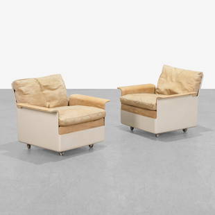 Dieter Rams - Lounge Chairs: A pair of fiberglass and leather 'FG2001' lounge chairs by Dieter Rams for Wolfgang Feierbach. Stamped on cushion. 29 x 33 x 26. Measurements are in inches. (Height x Width x Depth)