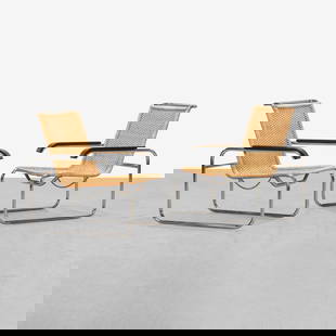 Marcel Breuer - B35 Lounge Chairs: A pair of vintage B35 lounge chairs with paddle arms by Marcel Breuer for Thonet/ ICF. 33 x 25.5 x 31.5. Measurements are in inches. (Height x Width x Depth)
