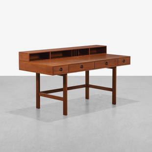 Peter Lovig Nielsen - Teak Desk: A teak flip-top desk by Peter Lovig Nielsen. Stamped on underside. Open - 29 x 64 x 34. Measurements are in inches. (Height x Width x Depth)