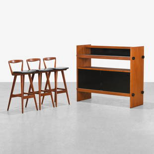 Rosengren Hansen - Bar & Stools: A set of three bar stools and matching bar by Rosengren Hansen for Brande Mobelfabrik, in teak. Bar - 44.5 x 51 x 18.5 / Stool - 35.5 x 14.5 x 16.5 . Measurements are in inches. (Height x Width x Dept