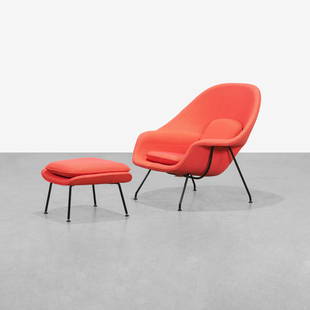 Eero Saarinen - Womb Chair & Ottoman: A vintage 'Womb' chair and ottoman by Eero Saarinen for Knoll in original, special order Cato upholstery. Chair - 36.5 x 42 x 30 / Ottoman - 16 x 26 x 18 . Measurements are in inches. (Height x