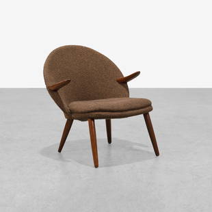 Kurt Olsen - Easy Chair: A vintage lounge chair by Kurt Olsen for Glostrup Mobelfabrik with teak arms and legs. 31 x 27.5 x 27.5. Measurements are in inches. (Height x Width x Depth)