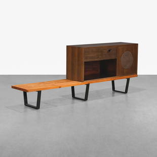 George Nelson - Bench & Stereo Cabinet: A vintage George Nelson slat bench and stereo cabinet. Bench is unmarked. Does not contain stereo equipment or speaker. 38.5 x 102.5 x 18.5. Measurements are in inches. (Height x Width x Depth)