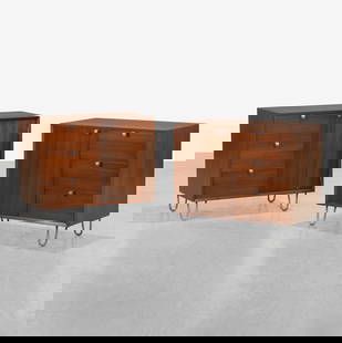 George Nelson - Chests: A pair of chests by George Nelson for Herman Miller with original hairpin legs. 29.5 x 34.5 x 18.5. Measurements are in inches. (Height x Width x Depth)