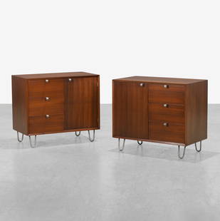 George Nelson - Chests: A pair of chests by George Nelson for Herman Miller with original hairpin legs. 29.5 x 34.5 x 18.5. Measurements are in inches. (Height x Width x Depth)