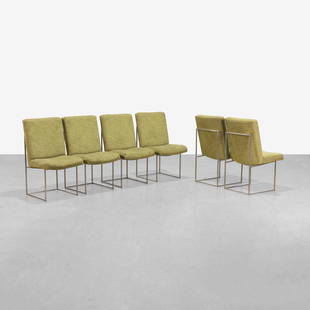 Milo Baughman - Dining Chairs: A set of six dining chairs with chromed frames by Milo Baughman. 37 x 20.5 x 23. Measurements are in inches. (Height x Width x Depth)