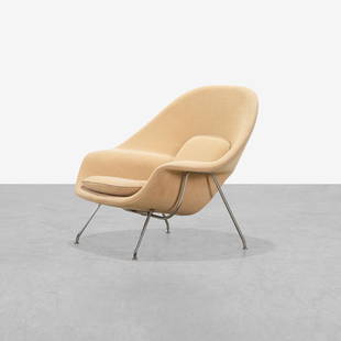 Eero Saarinen - Womb Chair: A 'Womb' chair by Eero Saarinen for Knoll. Label on underside. 36 x 42 x 29. Measurements are in inches. (Height x Width x Depth)