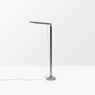 Ingo Maurer - Floor Lamp: A tubular chrome floor lamp with adjustable head by Ingo Maurer for M Design. 43 x 28 x 8.5. Measurements are in inches. (Height x Width x Depth)