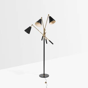 Angelo Lelli (Attr.) - Triennale Floor Lamp: A vintage Italian 'Triennale' floor lamp in a brass finish with leather wrapped counterweights, attributed to Angelo Lelli for Arredoluce. Stamped 'Made in Italy' on top of stem and on bottom of