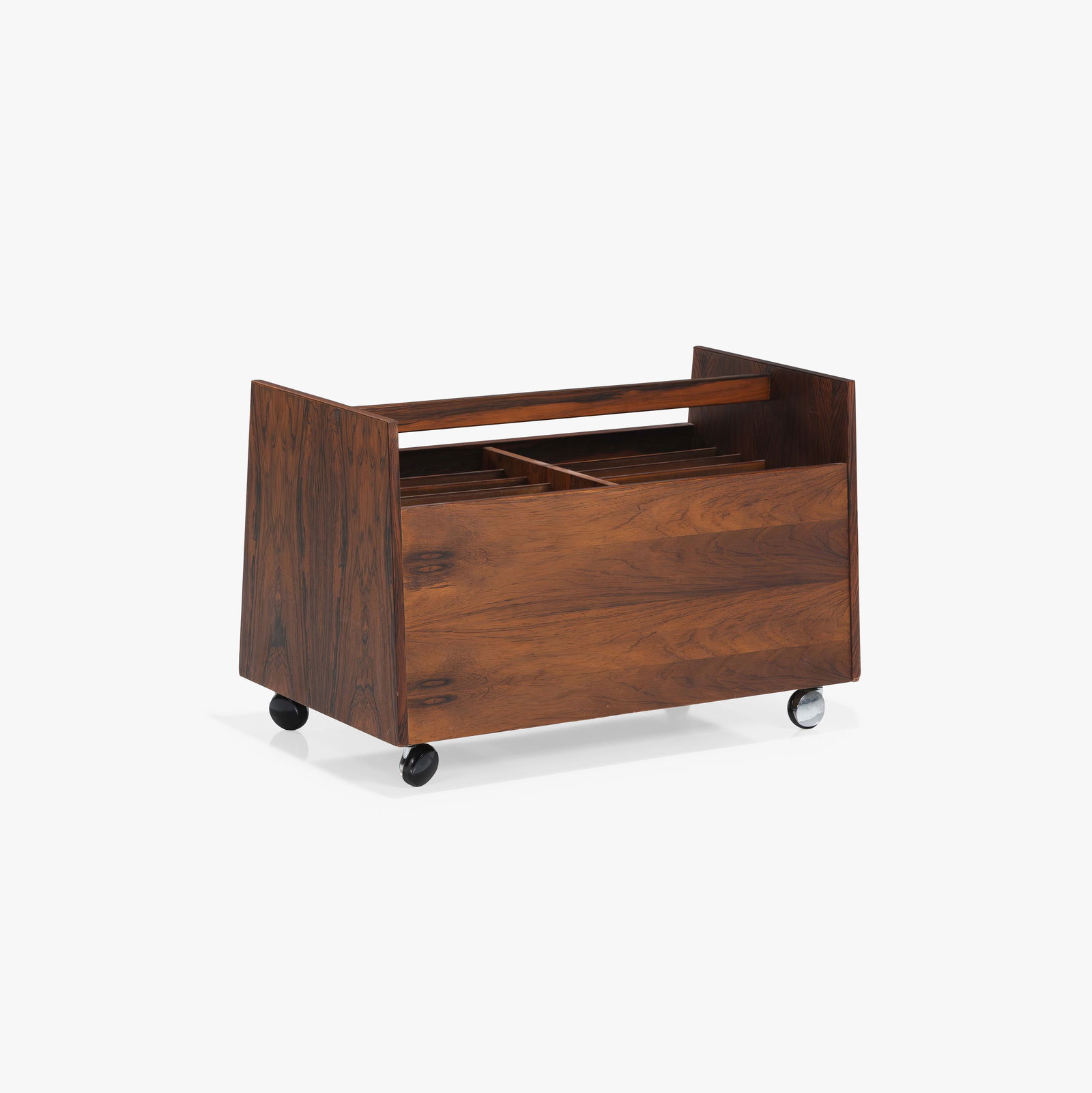 Rolf Hesland - Scala Magazine Cart: A vintage 'Scala' magazine/LP cart in rosewood, by Bagn Mobelindustri, Norway. 18 x 13.5 x 27. Measurements are in inches. (Height x Width x Depth)