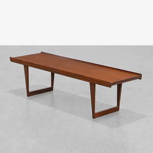 Peter Lovig Nielsen - Teak Coffee Table: A teak coffee table with sled base by Peter Lovig Nielsen. 16.5 x 59 x 18. Measurements are in inches. (Height x Width x Depth)