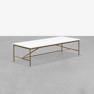 Paul McCobb - Coffee Table: A brass and vitrolite coffee table by Paul McCobb for Calvin's Irwin Collection, model 8715. 15.5 x 60 x 24. Measurements are in inches. (Height x Width x Depth)