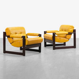 Percival Lafer - Lounge Chairs: A pair of rosewood and leather lounge chairs by Percival Lafer, Model MP-167 28 x 31 x 33.5. Measurements are in inches. (Height x Width x Depth)