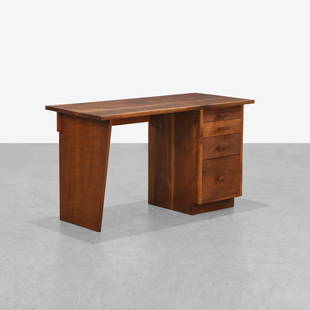 Circle of George Nakashima - Walnut Desk: A walnut desk by Robert Lovett, furniture, New Hope, PA. Lovett was a craftsman who worked under George Nakashima for ten years. Signed and dated in pencil, 1963. Back is not finished. 30 x 52 x 23.5.