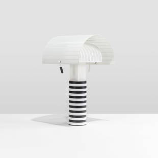 Mario Botta - Shogun Lamp: A black and white metal 'Shogun' table lamp by Mario Botta for Artemide. 23 x 13 x 13. Measurements are in inches. (Height x Width x Depth)