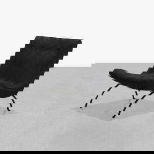 Milo Baughman - Scoop Lounge Chair: A vintage 'scoop' lounge chair with black suede upholstgery on iron legs by Milo Baughman for Thayer Coggin. 29.5 x 24 x 28. Measurements are in inches. (Height x Width x Depth)