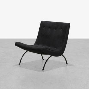 Milo Baughman - Scoop Lounge Chair: A vintage 'scoop' lounge chair with black suede upholstgery on iron legs by Milo Baughman for Thayer Coggin. 29.5 x 24 x 28. Measurements are in inches. (Height x Width x Depth)